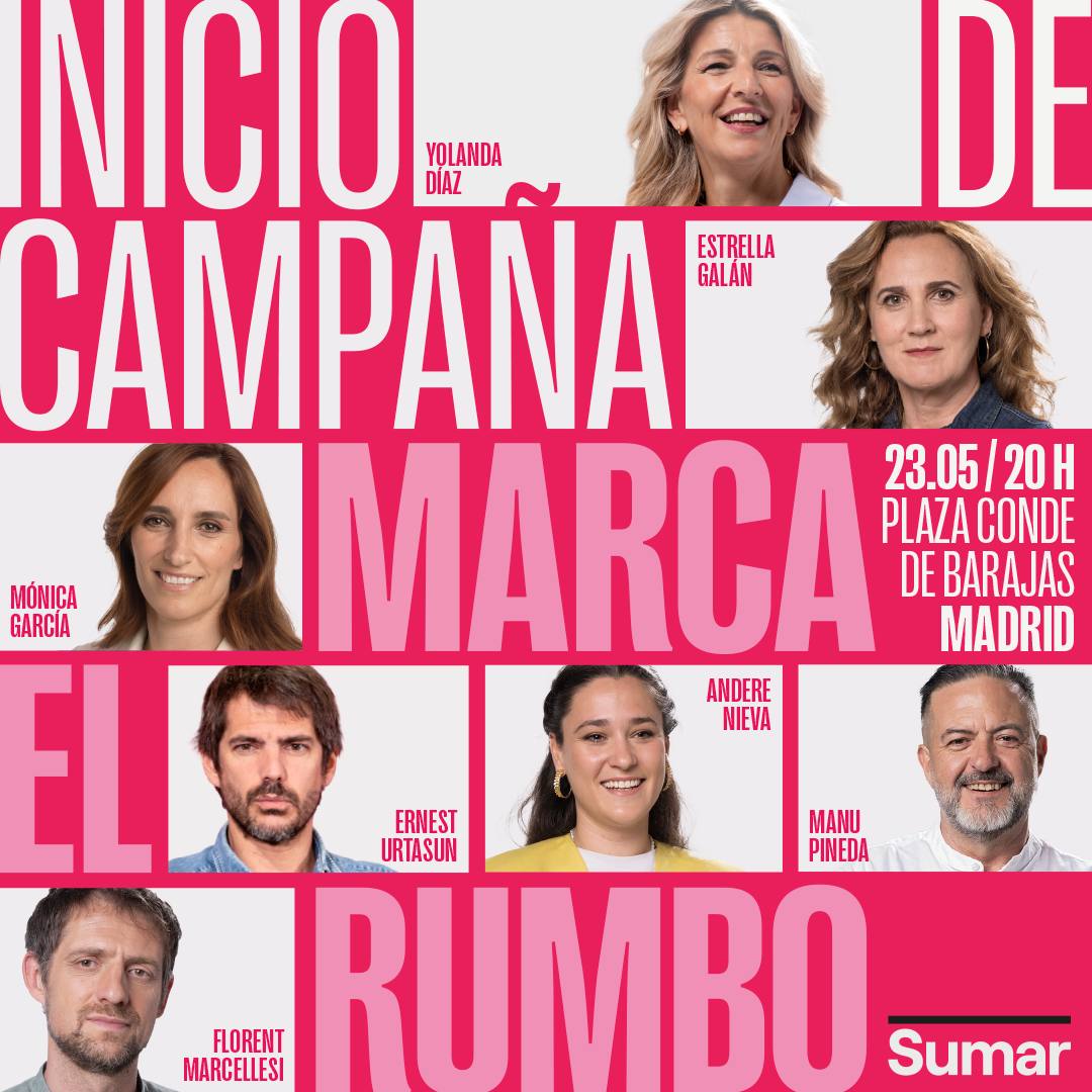 Este jueves #23may, te esperamos en la apertura de la campaña electoral europea de <a href="/sumar/">Sumar</a>!, con <a href="/Yolanda_Diaz_/">Yolanda Díaz</a> <a href="/estrella_galan/">Estrella Galán</a> <a href="/ernesturtasun/">Ernest Urtasun</a> <a href="/Monica_Garcia_G/">Mónica García</a> y los candidatos/as <a href="/fmarcellesi/">Florent Marcellesi 🌻</a>  <a href="/ManuPineda/">Manu Pineda 𓂆 🔻</a> y @AndereNieva 
🕕 A partir de las 20h
📍Pza Conde de Barajas, Madrid
