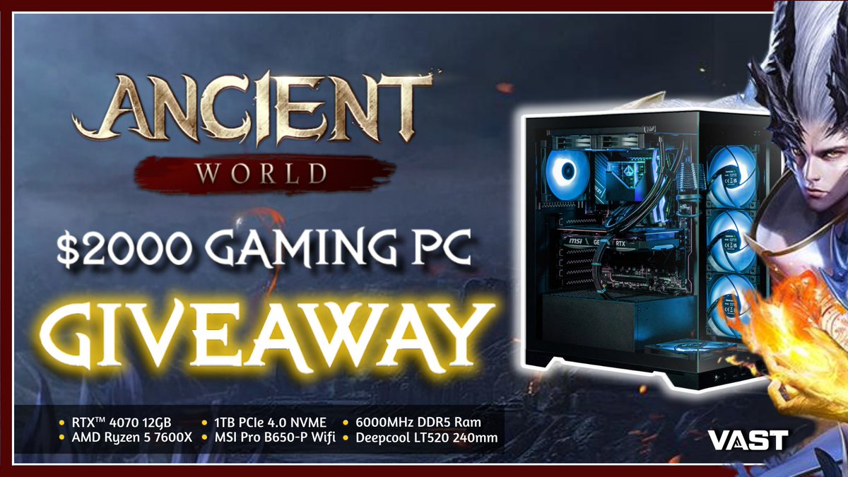 $2,000 RTX 4070 Gaming PC Giveaway To enter, perform these tasks via the link below: 🔁 Retweet + Like 🔥 Follow @play_ancient @0xGameVerse Enter Here: vast.link/Ancient-World