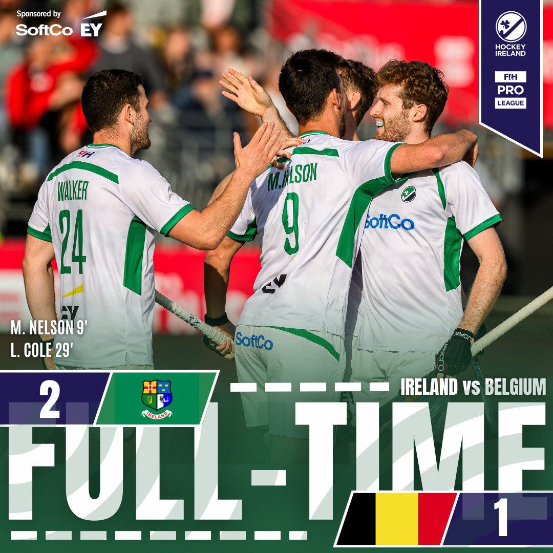 FULL TIME: IRL 2 - 1 BEL ☘️ A historic moment for our IRL men as they secure their first 3 points in the FIH Pro League! The lads put in an unbelievable shift to overcome world #2 Belgium in their own backyard! #FIHProLeague #HockeyInvites #HockeyEquals #IRLvsBEL