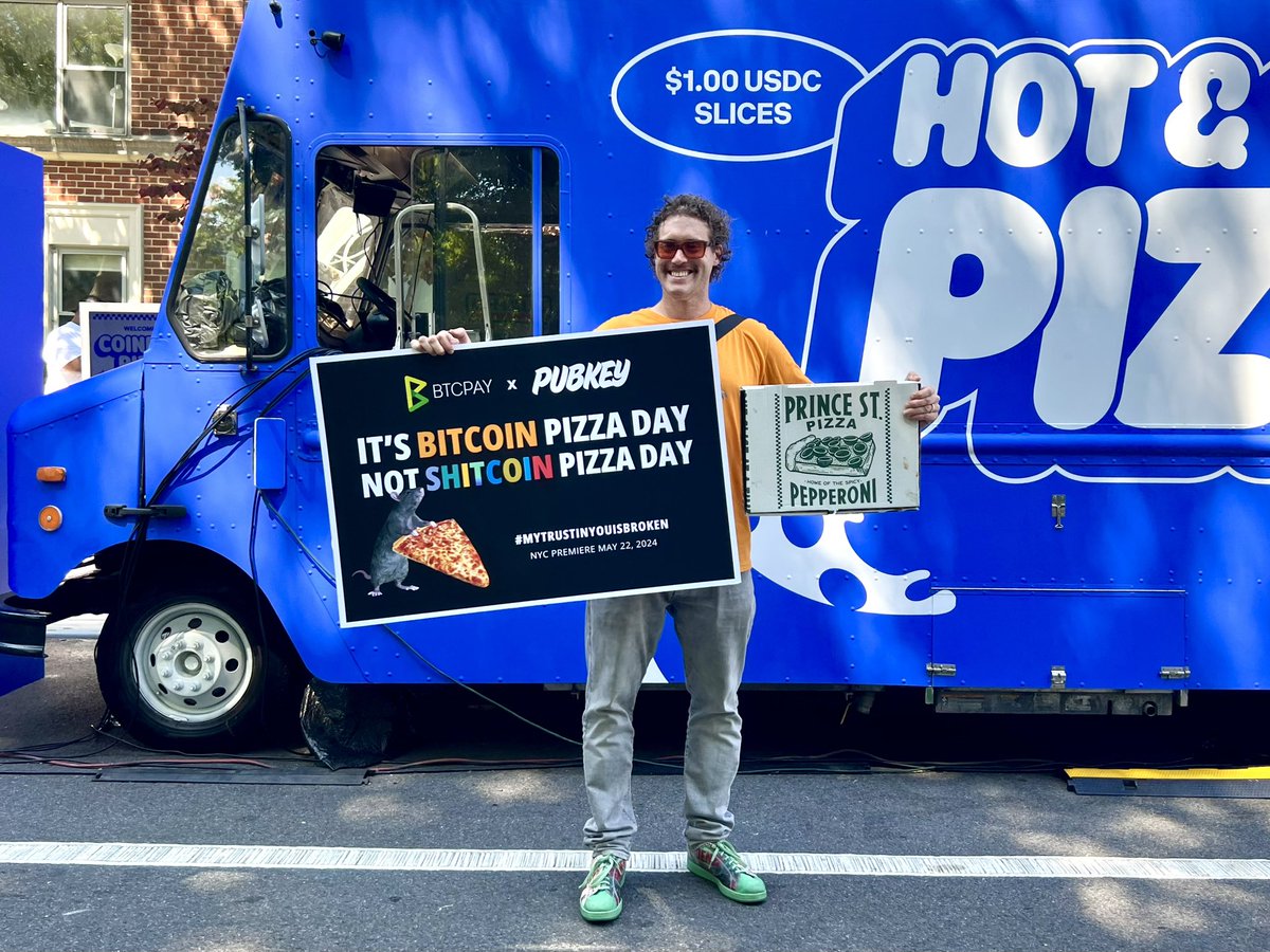 Soooooo we set up shop across from the Coinbase pizza truck charging crypto  for pizza after making you sign up and blah blah blah KYC so so so ACTUALLY bitcoin  pizza day
