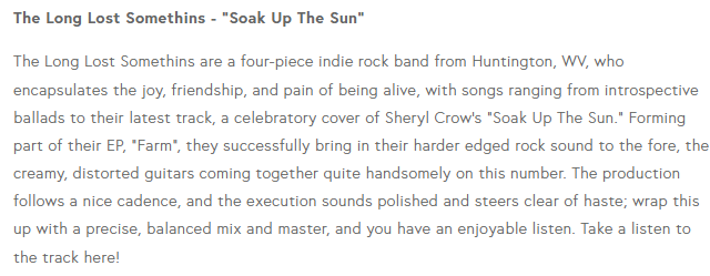 name (@_nathantms) on Twitter photo Nice little write up of <a href="/lls_wv/">The Long Lost Somethins</a> 's cover of "Soak Up The Sun" here via <a href="/LostInTheManor/">Lost In The Manor</a>
lostinthemanor.co.uk/blog/2024/5/22… Nice little write up of <a href="/lls_wv/">The Long Lost Somethins</a> 's cover of "Soak Up The Sun" here via <a href="/LostInTheManor/">Lost In The Manor</a>
lostinthemanor.co.uk/blog/2024/5/22…