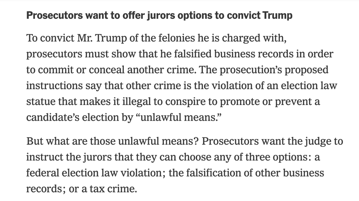 This seems to suggest that the prosecutors are settling on a sole legal theory of the cover-up: NY election law 17-152. I guess that's one way to ensure jury unanimity on the object offense (even though, as @qjurecic and I have written, it's not required) nytimes.com/2024/05/21/nyr…