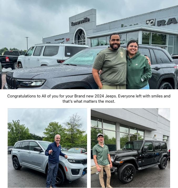 Nothing but smiles at #Tvillecjdr 🤗 Huge Memorial Day offers are going on RIGHT NOW so come drive off the lot happy and excited in your new vehicle 🚘 #Auto #JeepFamily #MemorialDay