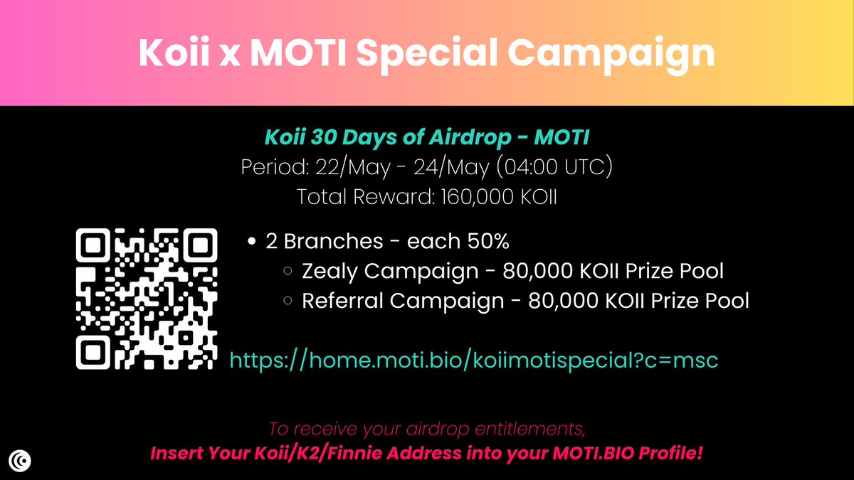 MOTI is doing a special Airdrop Campaign for the next 33 hours. 160,000 $KOII being given out. Join here home.moti.bio/koiimotispecia…