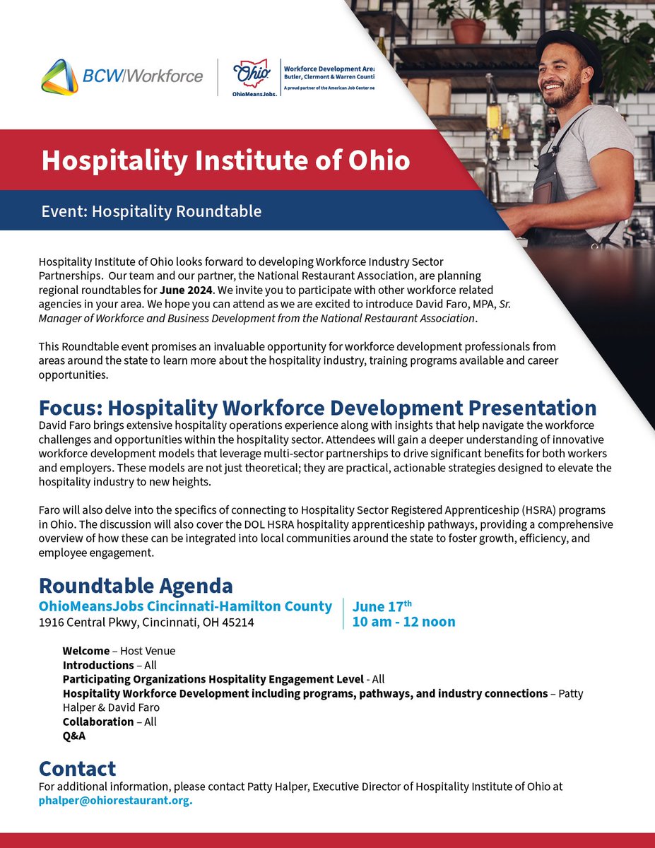 Hospitality Institute of Ohio is having a Hospitality Roundtable Event! For more information, please contact Patty Halper: phalper@ohiorestaurant.org #OhioMeansJobs #RoundtableEvent #HospitalityInstitute