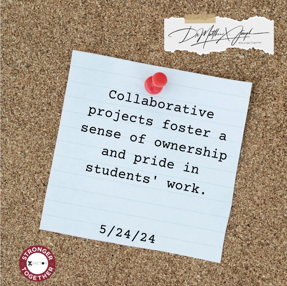 Collaborative projects foster a sense of ownership and pride in students' work.

Building a #StrongerTogether Mindset
We over ME

Learn more: strongertogetherbook.com

#XFactorEDU @XFactorEdu #collaboration