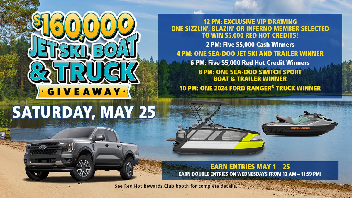 🚨 Only 3 DAYS left until our $160,000 Jet Ski, Boat, and Truck Giveaway hits full throttle! 🚤 Start revving up your entries now and seize the chance to win big on May 25th! Double your luck every Wednesday!