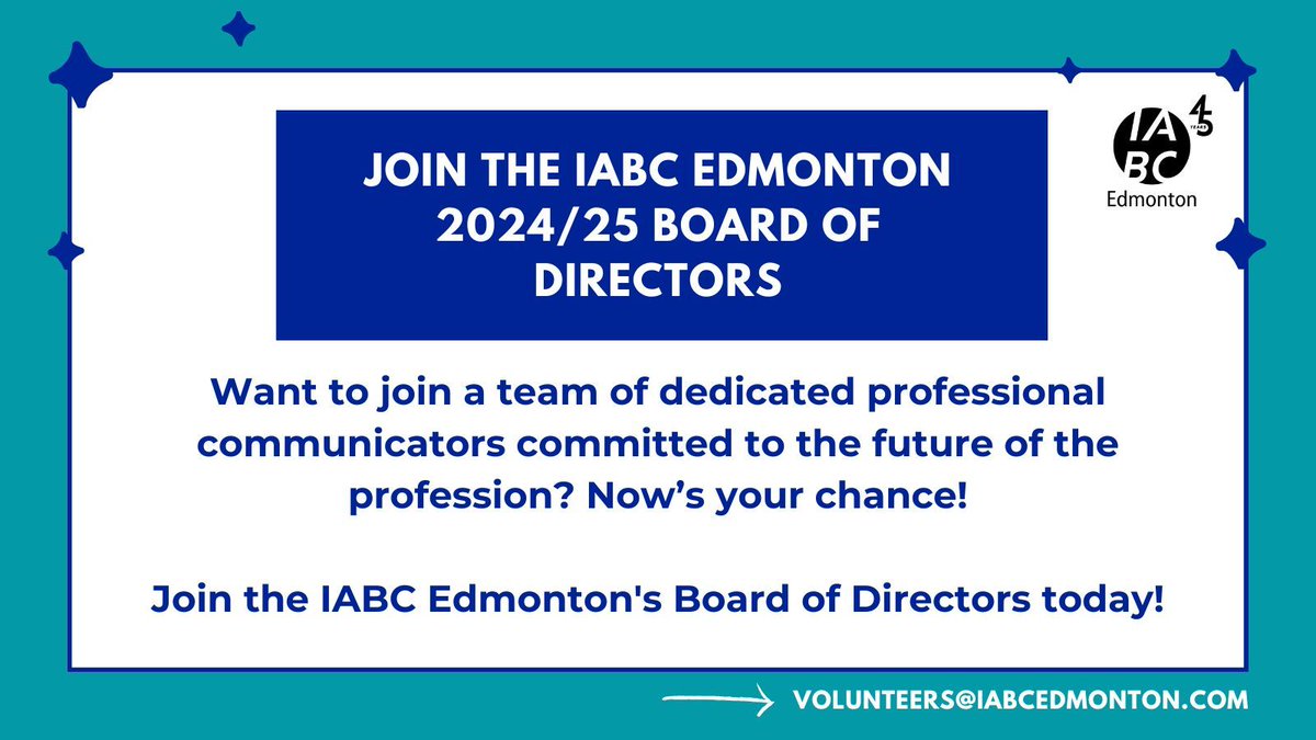 IABC Edmonton (@iabcyeg) on Twitter photo Many positions are now open for the IABC Edmonton Board for 2024/25!
If you can see yourself joining, please send an email to volunteers@iabcedmonton.com or fill out the application form: buff.ly/3wEF6Qv.
Check out opportunities here ➡️ buff.ly/3P9HLYb Many positions are now open for the IABC Edmonton Board for 2024/25!
If you can see yourself joining, please send an email to volunteers@iabcedmonton.com or fill out the application form: buff.ly/3wEF6Qv.
Check out opportunities here ➡️ buff.ly/3P9HLYb