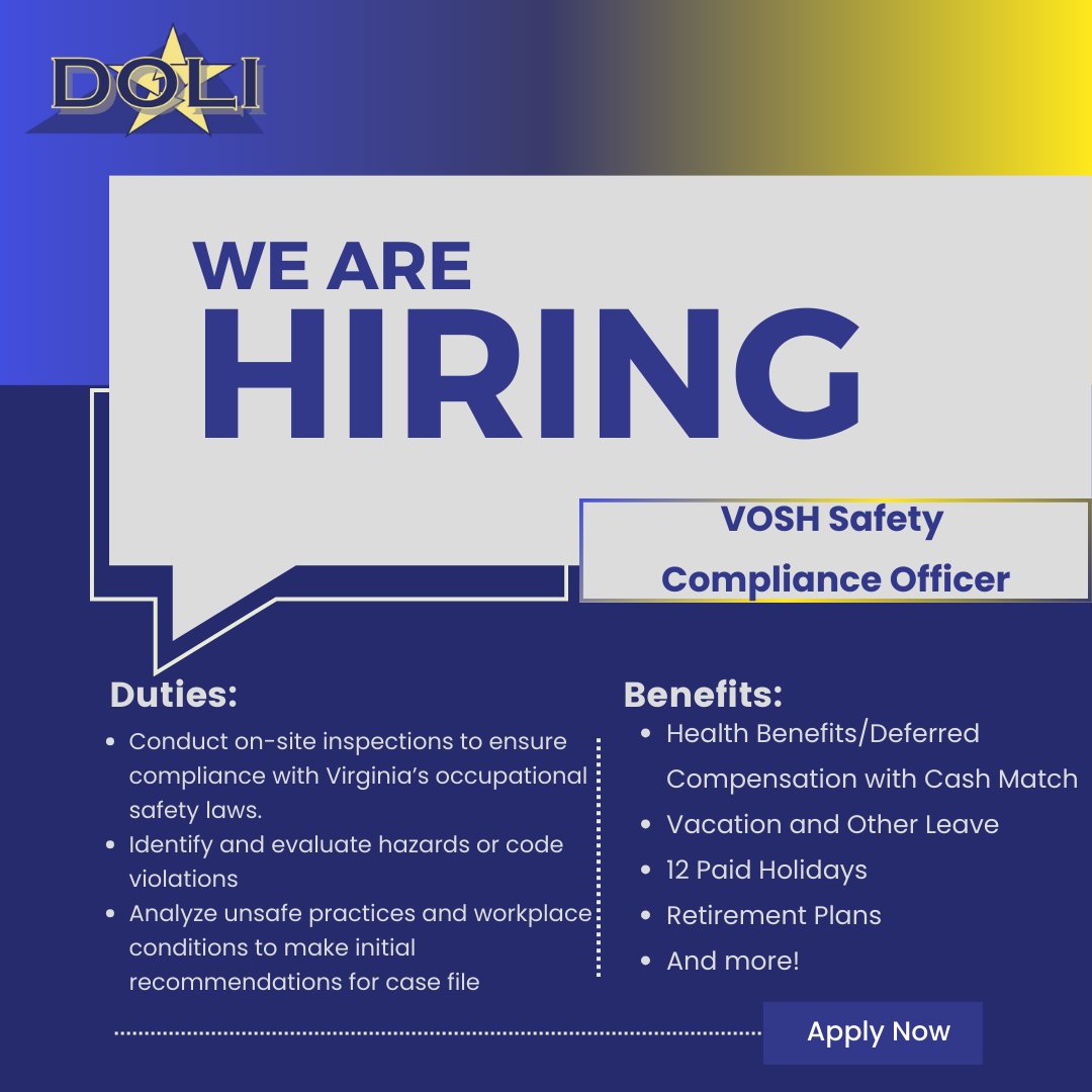 🚨New positions: VOSH Safety Compliance Officers Choose a career where you can save lives and prevent injuries in the workplace! #WorkSafeStaySafe #WorkforceWednesday Learn more and apply today: ow.ly/xIPi50RREGj