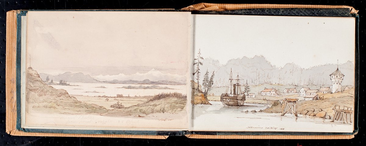 Alexander Dallas, a member of the #HBC Governor and Committee, kept a sketchbook of various locations he visited on HBC business, including these drawings of Nanaimo and Mount Baker from 1858. View the entire sketchbook here: bit.ly/3V0ROlK
