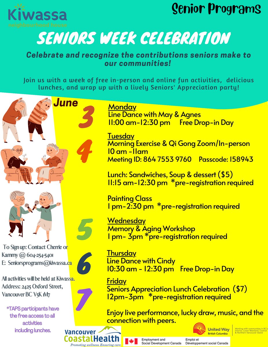 It's Seniors' Week from June 3-7 and Kiwassa Neighbourhood House organized a week filled with exciting free online and in-person activities, hearty lunches, and culminating in a vibrant Seniors’ Appreciation Celebration. For more information, please check out poster below!