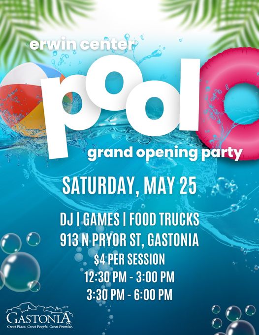We can't wait to see you this Saturday, May 25 for our Erwin Pool Grand Opening Party! First session- 12:30p to 3p Second session- 3:30p to 6p $4 per person per session, card only no cash Kona Ice of Gaston Co/West Charlotte and RAMS Kitchen food trucks will be onsite. Join us!