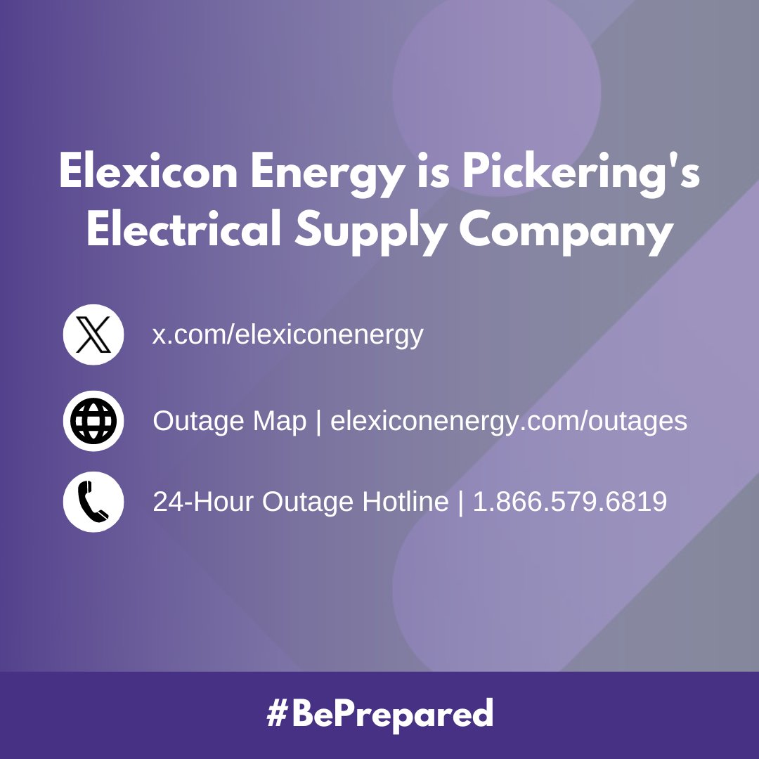 Strong wind gusts, rain, and hail can cause power outages to occur🌧️🍃 It's important to #BePrepared! Elexicon Energy is #Pickering's Electrical Supply Company. Follow for updates💻 @ElexiconEnergy Outage Map📍 elexiconenergy.com/outages 24-Hour Outage Hotline (report