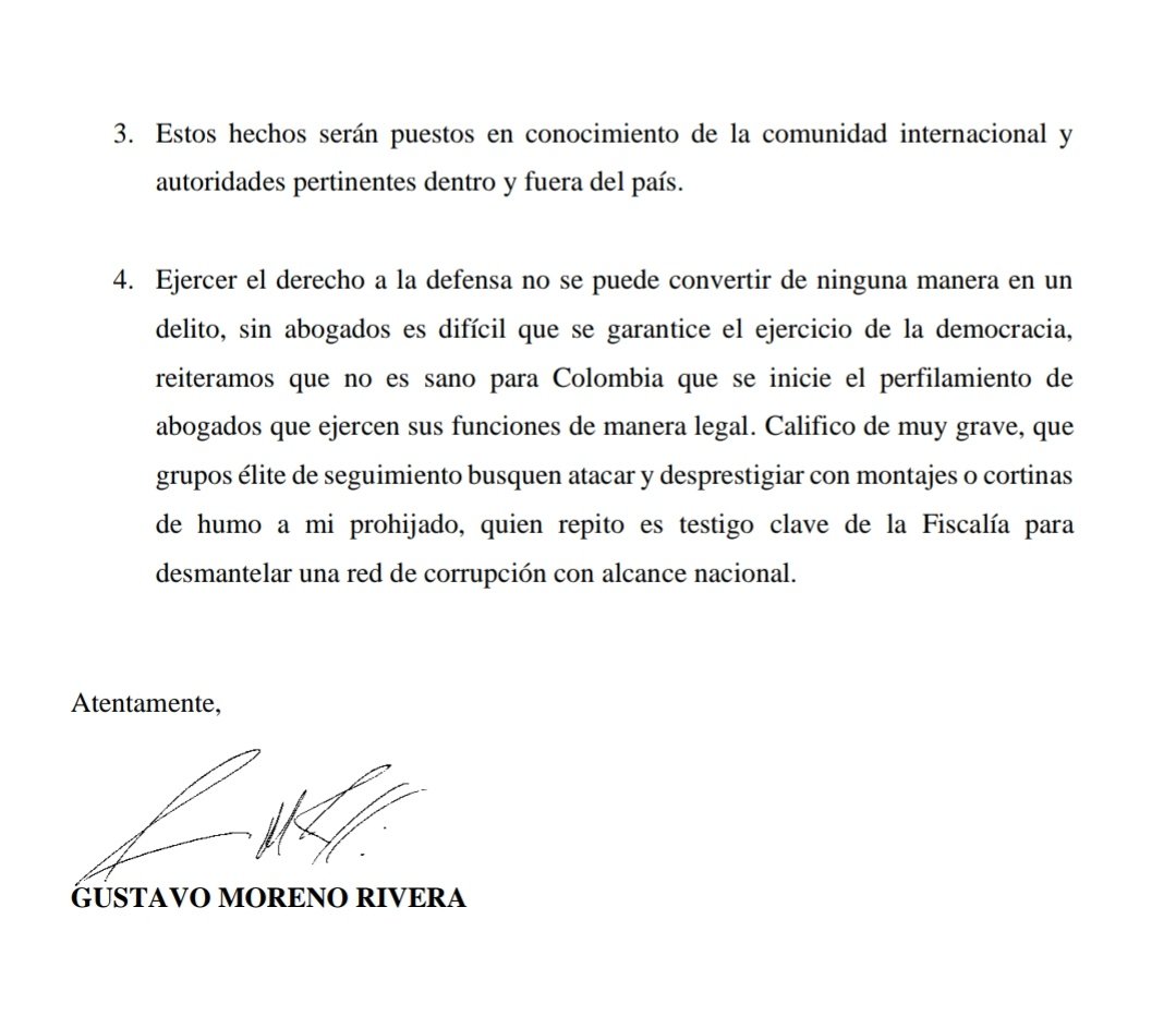 El abogado de Sneyder Pinilla, @GustavoMorenoRi denuncia que habría un plan de seguimientos e interceptaciones de organismos de inteligencia del Estado y otros contra su cliente, su familia y su defensa