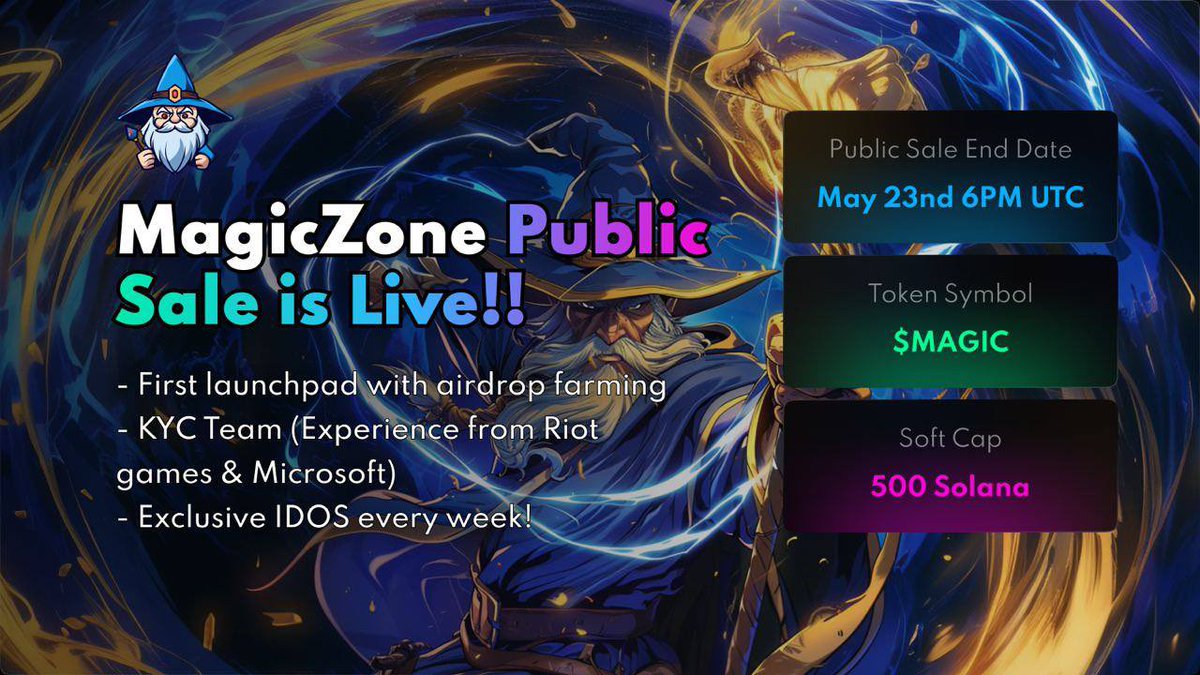 Magiczonelaunch's tweet image. 🔥🔥 MagicZone Public Sale is Live 🔥🔥

Presale link: app.magiczone.io/projects/magic…

Ends in 24 hours | Overflow | Low starting Mcap

- Min buy: 0.10 SOL 
- Max buy: 15 SOL

- Soft cap: 500 SOL
- Hard cap: 1,500 SOL

100% Released at launch.

✅ 10% Credits Bonus:

Participate in the…
