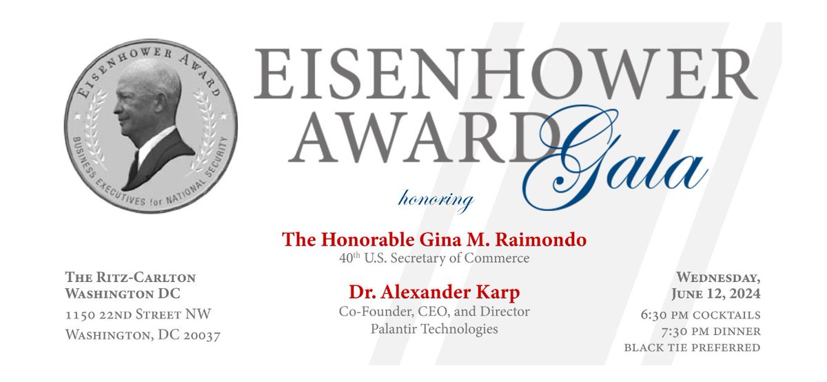 Join Us... On June 12th, BENS will host its 2024 Spring Eisenhower Award Gala in Washington, D.C., honoring Gina Raimondo, U.S. Secretary of Commerce & Dr. Alexander Karp, Co-Founder and CEO of @PalantirTech. Reserve your seat for this special event ➡️ bit.ly/44M4yA4