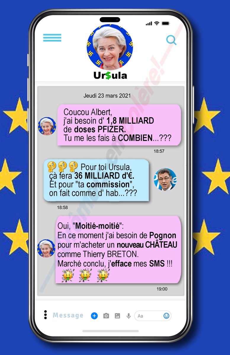 26enColere's tweet photo. Pour avoir les SMS d'Ursula, faut voir avec Albert BOURLA:
- "Y a qu'Ă demander..."
#Humour #UrsulaVonDerLeyen #UnionEuropéenne #Parodie #DromoisencolÚre #CorruptionUE https://t.co/PxlCQabDUo