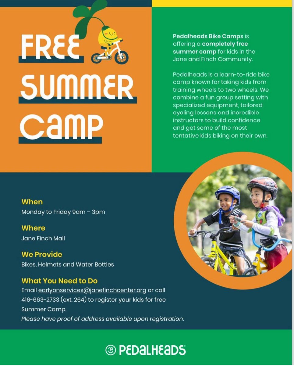 Downsview Advocate (@downsviewadv) on Twitter photo 🚲☀️ Exciting news for Jane & Finch residents! Join a FREE Summer Bike Camp for kids aged 5-8! Partnering with Pedalheads at Jane Finch Mall parking lot. Register now: Call (416)663-2733 ext. 264, email earlyonservices@janefinchcentre.org, or visit Jane & Finch Community Centre. 🚲☀️ Exciting news for Jane & Finch residents! Join a FREE Summer Bike Camp for kids aged 5-8! Partnering with Pedalheads at Jane Finch Mall parking lot. Register now: Call (416)663-2733 ext. 264, email earlyonservices@janefinchcentre.org, or visit Jane & Finch Community Centre.