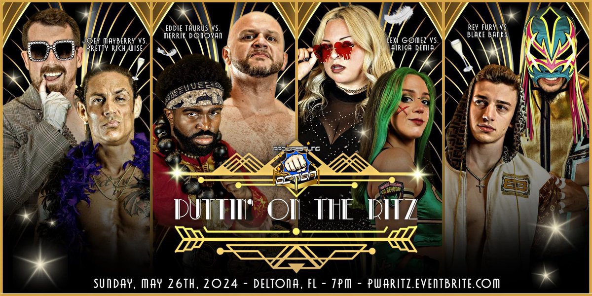 Ladies and gents, step right up for an evening of high-flying, bodyslamming excitement as Pro Wrestling Action presents Puttin' On The Ritz! Sunday, May 26, 2024 at 7:00 PM 📍 1640 Dr. Martin Luther King Blvd. Deltona, FL 32725 Do not miss it! 🎟 PWARitz.Eventbrite.com