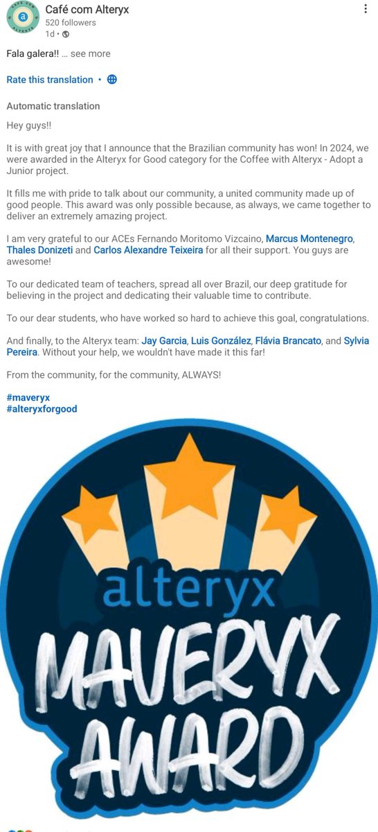 JayGarciaUSMC's tweet image. 🏆Thrilled to announce Café com Alteryx&apos;s victory in the 2024 @alteryx for Good category!🎉Huge congrats to the Brazilian community for their outstanding work on the &quot;Coffee with #Alteryx - Adopt a Junior&quot; project. Together, we&apos;re making a difference! #AFG #AlteryxSparkED🏆