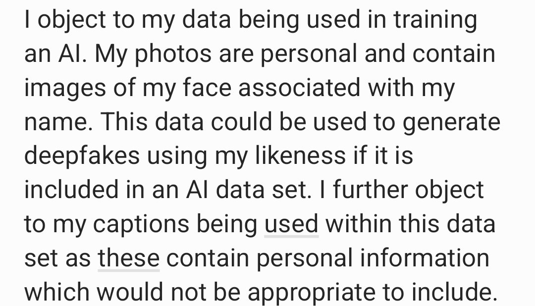 Heads up to anyone using facebook or insta: you'll receive a notification about your data being used to train AIs. The opt out process is deliberately convoluted and you have to fill out a form to object. This is my successful objection, feel free to copy it.