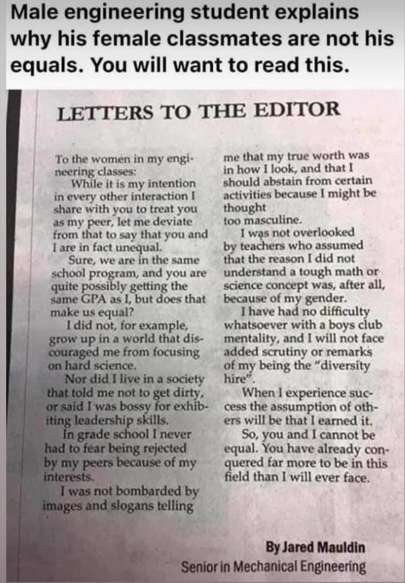 The proto-masculine men over in the #repealthe19th and anti-feminist camp would do well to read and surround themselves with more men like this one.

Men and women cannot be equal, because while we can function in your society built according to your rules, you could never as us