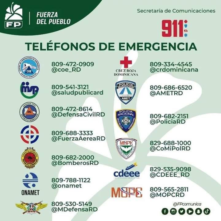 FPcomunica's tweet photo. #FPComunica |

Ante el incremento de las lluvias en el país, el @COE_RD aumentó a 10 las provincias en alerta verde y el DN debido a la incidencia de una vaguada al suroeste.

Desde la #FuerzaDelPueblo exhortamos adoptar medidas correspondientes.

Aquí los teléfonos emergencia👇🏽 https://t.co/EHa4lnm1QF