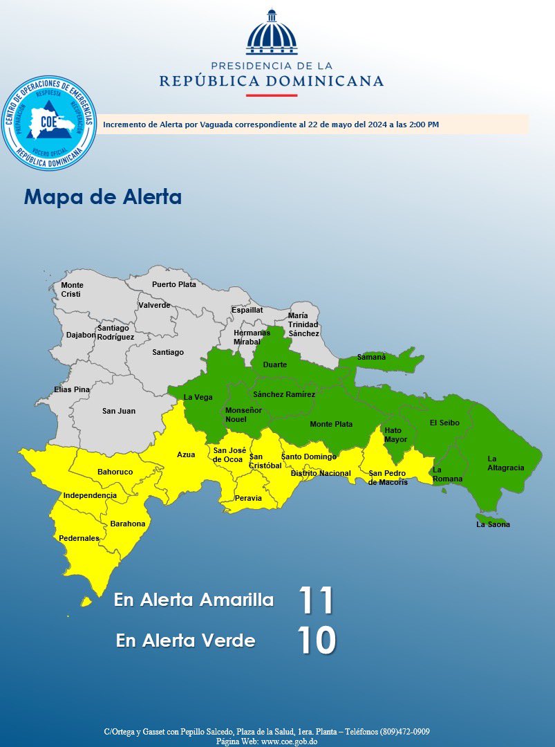 FPcomunica's tweet photo. #FPComunica |

Ante el incremento de las lluvias en el país, el @COE_RD aumentó a 10 las provincias en alerta verde y el DN debido a la incidencia de una vaguada al suroeste.

Desde la #FuerzaDelPueblo exhortamos adoptar medidas correspondientes.

Aquí los teléfonos emergencia👇🏽 https://t.co/EHa4lnm1QF