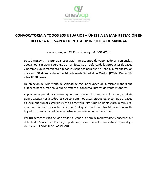 ‼️ATENCIÓN VAPEADORES‼️

🗣️Únete a la manifestación en defensa del vapeo de UPEV para dejarle claro al Ministerio que ¡EL VAPEO SALVA VIDAS!

⏱️¿Cuándo? 31 de mayo a las 12:30

📍¿Dónde? Frente al Ministerio de Sanidad en Madrid, P.º del Prado, 18

Es hora de salvar al vapeo💪