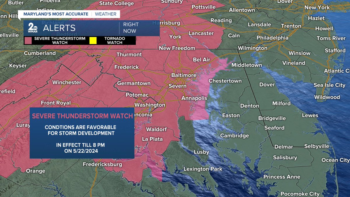 A Severe Thunderstorm Watch has been issued for everyone in PINK until 8 PM EDT. #wmar #mdwx #thunderstorm #watch