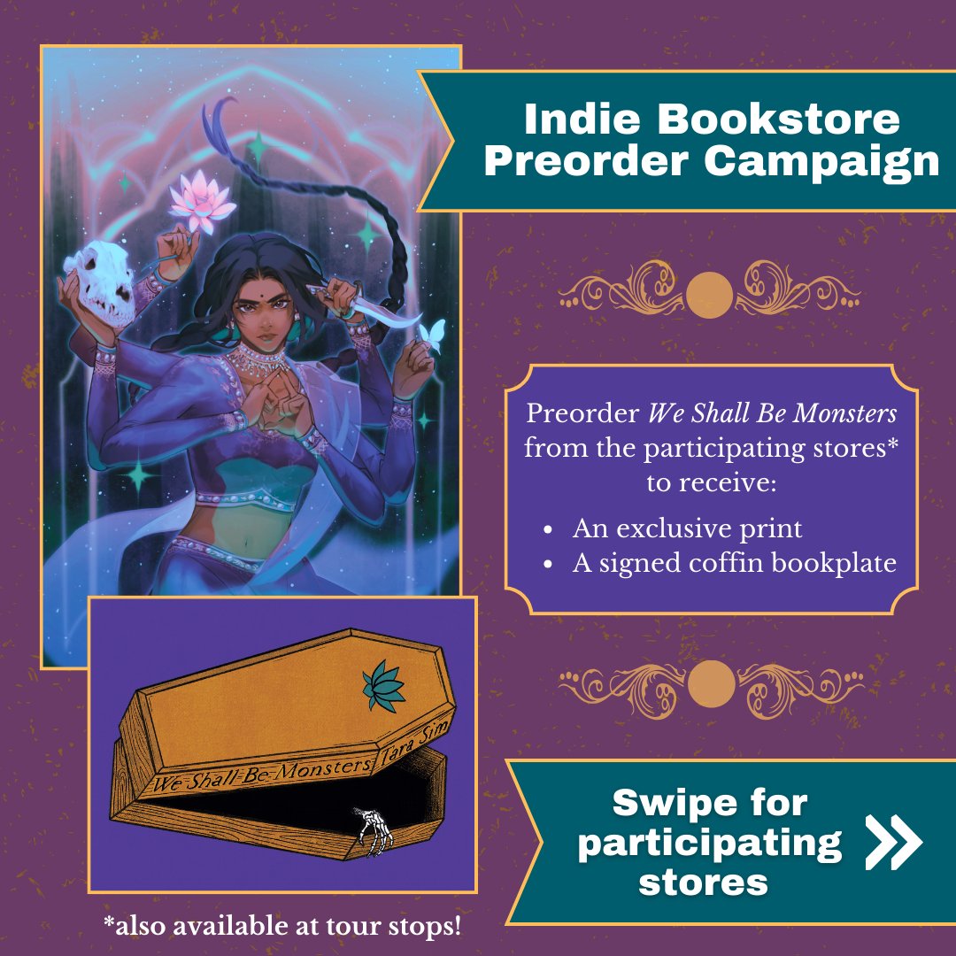 🪷 PREORDER CAMPAIGN! 🪷 Preorder WE SHALL BE MONSTERS from any of the participating indie bookstores (see next tweet) by 6/25 to receive: 🗡️ An exclusive print of Kajal ⚰️ A signed coffin bookplate Gorgeous art courtesy of @samairu_art Bookplate design by Alex Castellanos