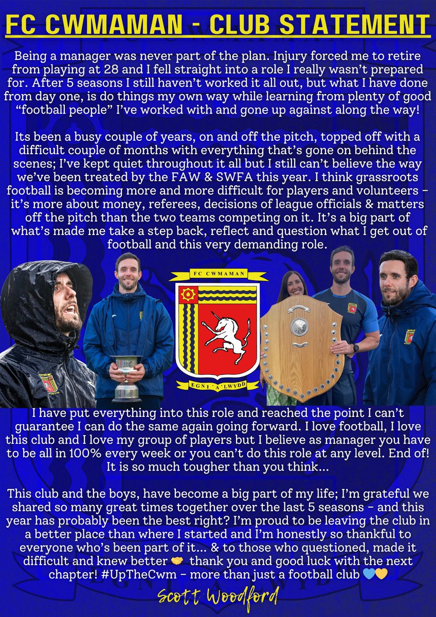 CLUB STATEMENT 
1/2

It is with regret that we announce our first team manager Scott Woodford is stepping down after 5 years in charge.

It has been a pleasure having you lead the team the past 6 years and we can only thank you for all your efforts, both on and off the pitch!