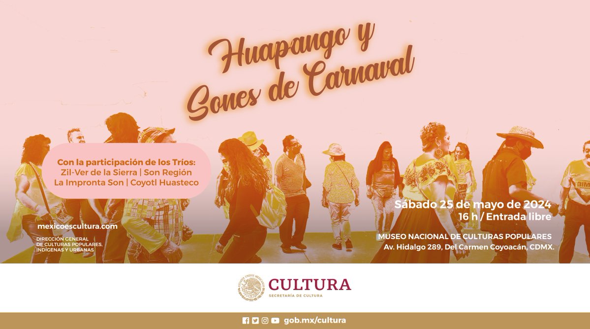 ¡No te pierdas el encuentro “Huapango y Sones de Carnaval”! Asiste y disfruta de un gran repertorio que incluye sones huastecos y de carnaval, huapangos, zapateados y cumbias. La cita es el sábado 25 de mayo, a partir de las 16 horas, en el @MNCP_DGCP. #EntradaLibre