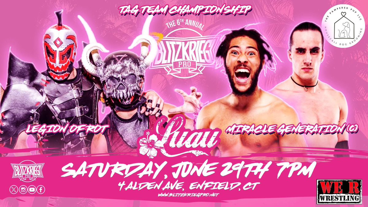 🌊BREAKING🌊 Legion of Rot (@Go2SleepyHollow & @FrightmareLucha) vs Miracle Generation (c) (@ItsDustinWaller & @LittleKylon ) For the TAG TEAM CHAMPIONSHIPS goes down at the 6th Annual B!P Luau on Sat. June 29th! 🎟 drop TONIGHT at 7:30pm at BlitzkriegPro.net