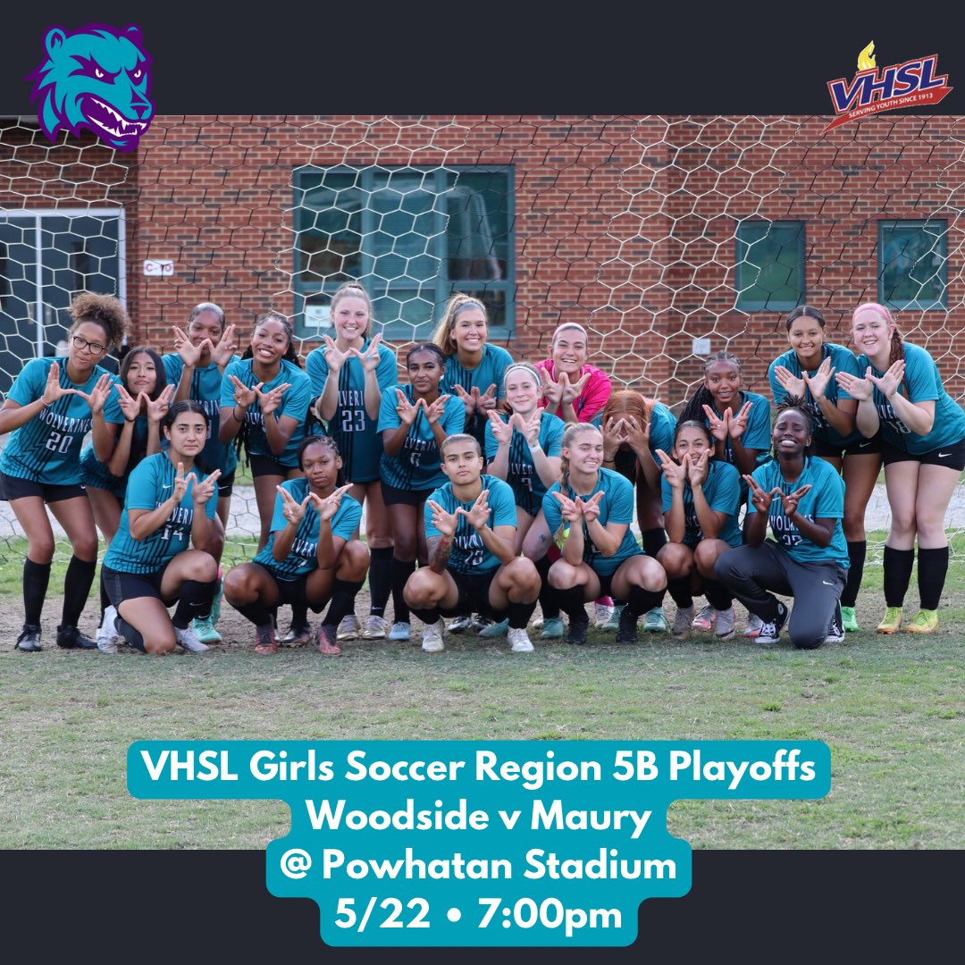 Woodside Girls Soccer will face Maury tonight at 7:00 in the Region 5B playoffs. Game will be played at Powhatan Stadium. #GoWood