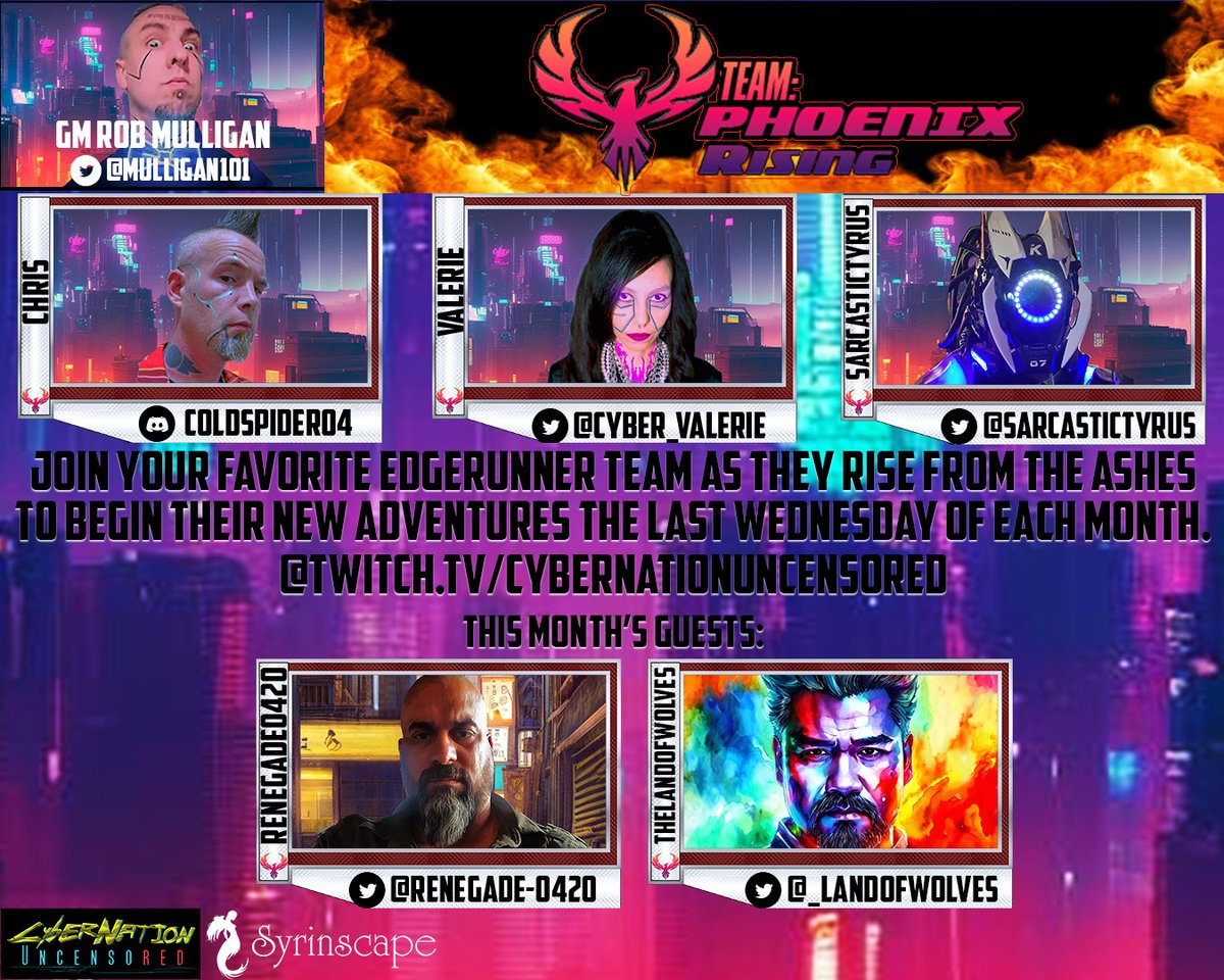 LIVE TODAY! PHOENIX RISING IS BACK! -a Cyberpunk RED One-Shot!- twitch.tv/cybernationunc… LIVE TODAY @ 5:00 PM PST = 8PM EST Come welcome this Month's 2 new guests joining the stream from our Patreon! Don't miss out on the CPR one-shot fun! #cyberpunkred #ttrpg