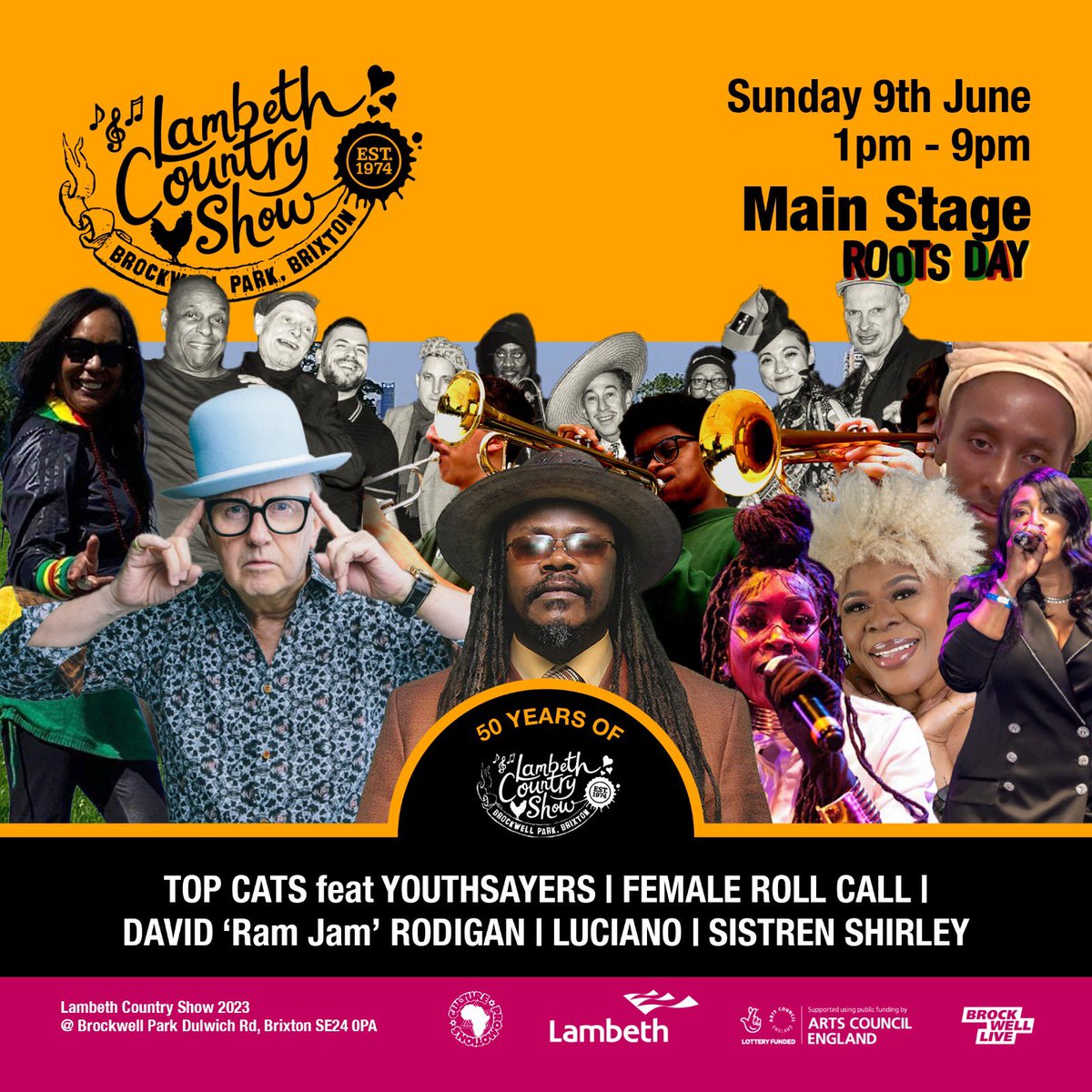 Our Sunday ROOTS DAY Main Stage line-up…

🔗 lambethcountryshow.co.uk

📅 Sat 8 &amp; Sun 9 June
🕰️ 1pm - 9pm
📍 Brockwell Park
🎟️ FREE ENTRY

#️⃣ #LCS50 #LambethCountryShow #BrockwellPark #Brixton