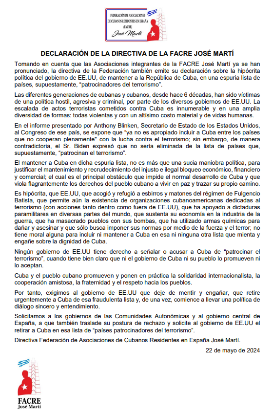 "Ningún gobierno de #EEUU tiene derecho a señalar o acusar a #CubaporlaViva de “patrocinar el terrorismo”, cuando tiene bien claro que ni el gobierno de #Cuba ni su pueblo lo promueven ni lo aceptan"
#NoMasBloqueoACuba
#CubaEjemploDignidad
<a href="/PrensaCuba_Espa/">PrensaCuba_España</a>
<a href="/NacionyEmig/">Nación y Emigración</a>