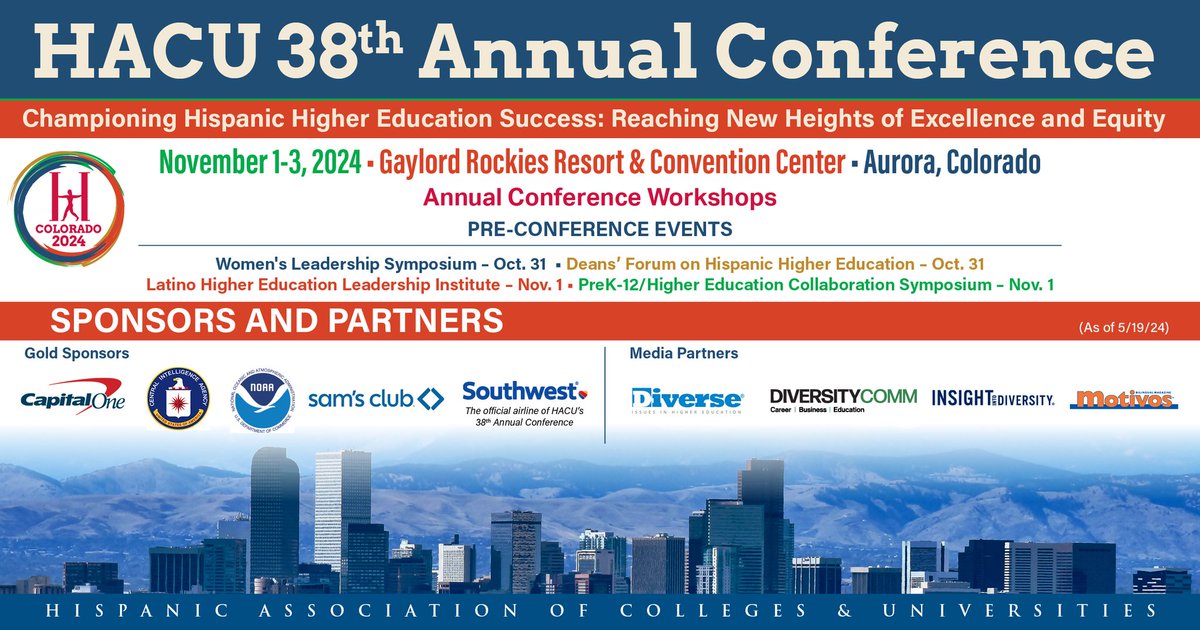 HACUNews's tweet photo. HACU's 38th Annual Conference will take place in person from November 1-3, 2024, at the Gaylord Rockies Resort &amp; Convention Center. Register now before the early bird deadline on May 31, 2024!
https://t.co/3Q4nikoXEj
#HACU2024 https://t.co/O9z6jfGuWr