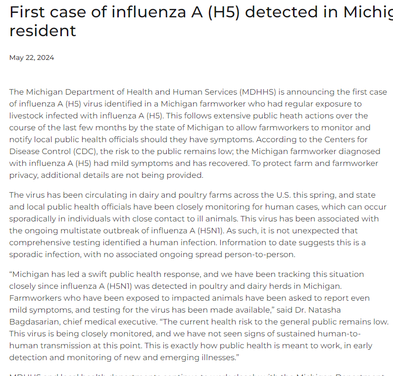 Official statement: Michigan reports human case of H5N1 bird flu. The farm worker suffered 'mild symptoms' and has since recovered. This is the 3rd case in the U.S.