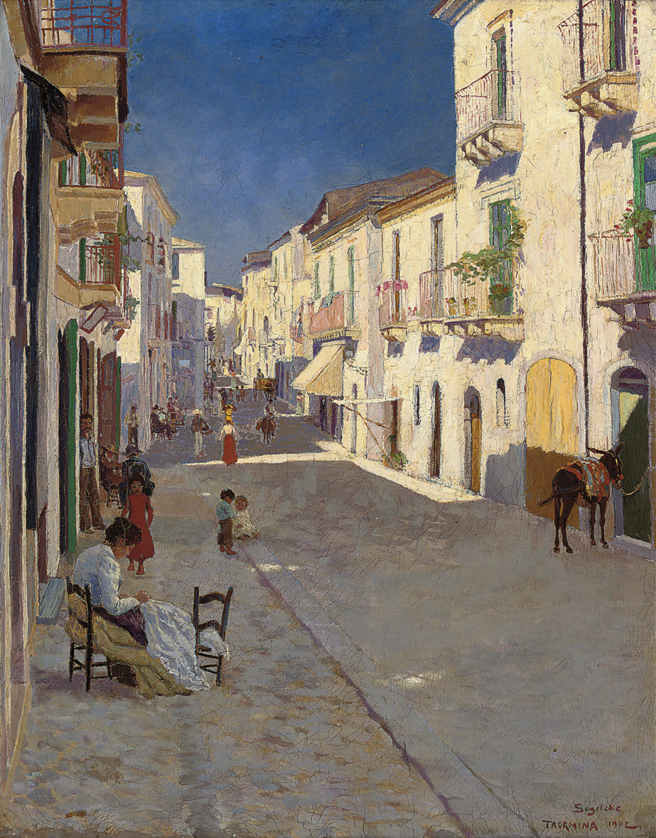 SEVERIN SEGELCKE Pintor Noruego 1867-1940 Óleo s/ Lienzo - 63,5 x 50,8 cm 'Una Calle Bulliciosa, Taormina-Italia' - 1902