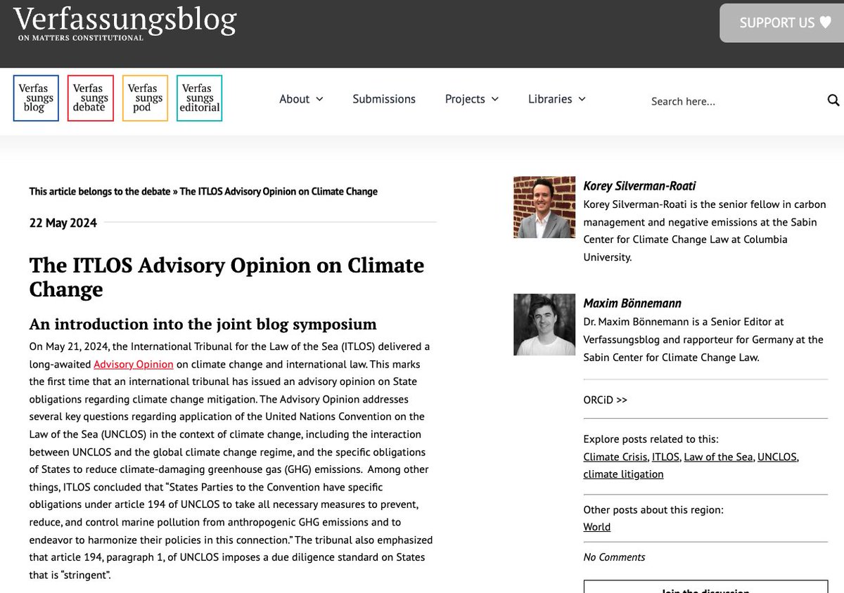Verfassungsblog (@verfassungsblog) on Twitter photo Yesterday, the International Tribunal for the Law of the Sea delivered an Advisory Opinion on climate change 🌏
Kicking off a joint symposium with the <a href="/SabinCenter/">Sabin Center</a>, KOREY SILVERMAN-ROATI & MAXIM BÖNNEMANN explain the <a href="/ITLOS_TIDM/">International Tribunal for the Law of the Sea</a>-opinion and why it matters
verfassungsblog.de/the-itlos-advi… Yesterday, the International Tribunal for the Law of the Sea delivered an Advisory Opinion on climate change 🌏
Kicking off a joint symposium with the <a href="/SabinCenter/">Sabin Center</a>, KOREY SILVERMAN-ROATI & MAXIM BÖNNEMANN explain the <a href="/ITLOS_TIDM/">International Tribunal for the Law of the Sea</a>-opinion and why it matters
verfassungsblog.de/the-itlos-advi…