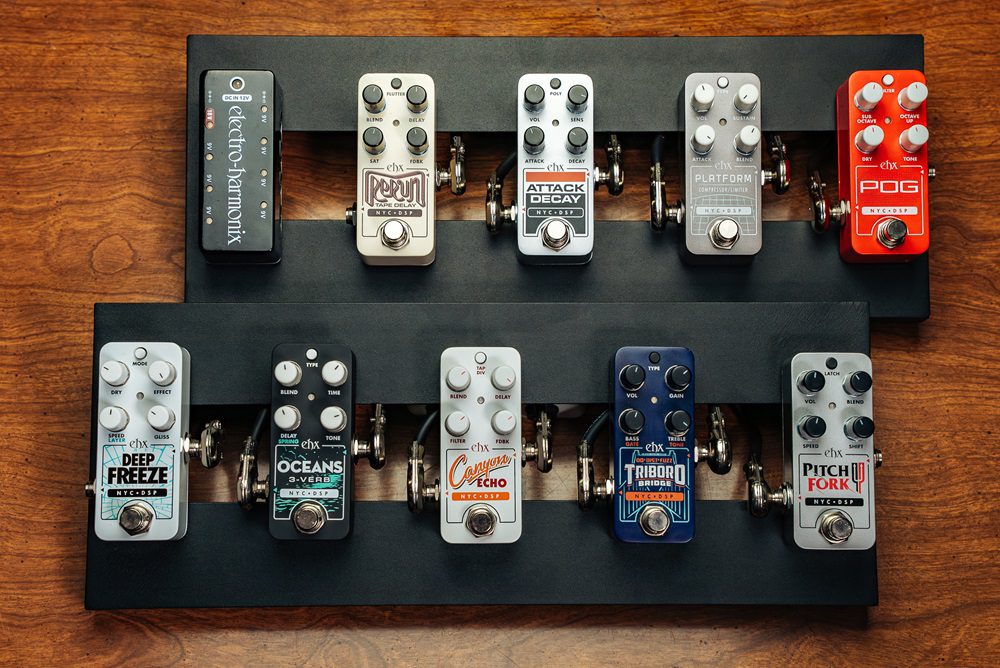 The EHX PicoBoard is a sleek, lightweight pedalboard tailored to fit a compact rig that’s easy to carry around town and won’t clutter the stage. At 15” wide, its compact size makes load-in/load-out a breeze and it's small enough for busy musicians to carry-on while traveling!