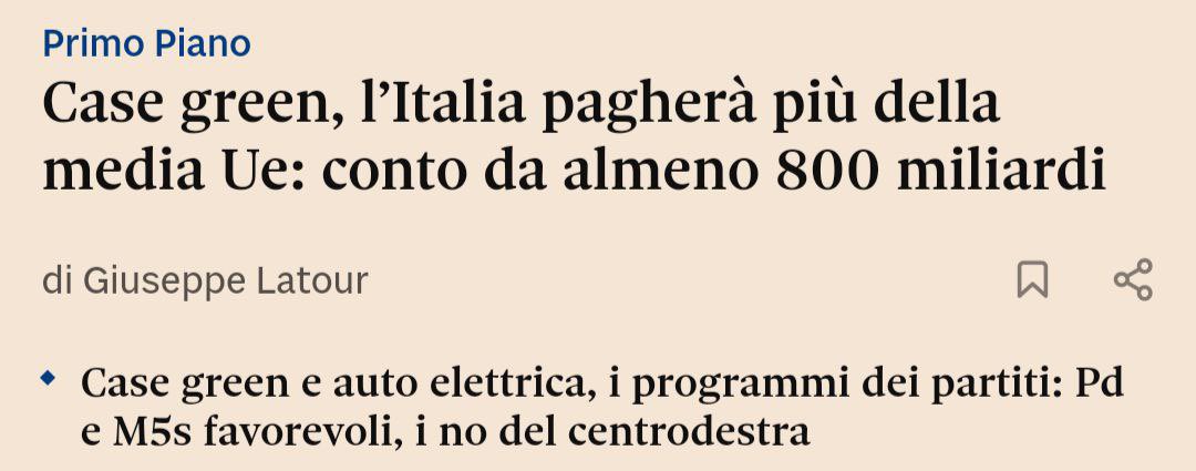 Per forza l'Italia pagherà più del resto d'Europa:
Quelle italiane sono case storiche ed in più molte non hanno nemmeno il riscaldamento (a sud)!
Che cazzo le vuoi efficientare!
Che non fa freddo a sufficienza

Qui parlano di centinaia di miliardi come bruscolini
Italexit subito!