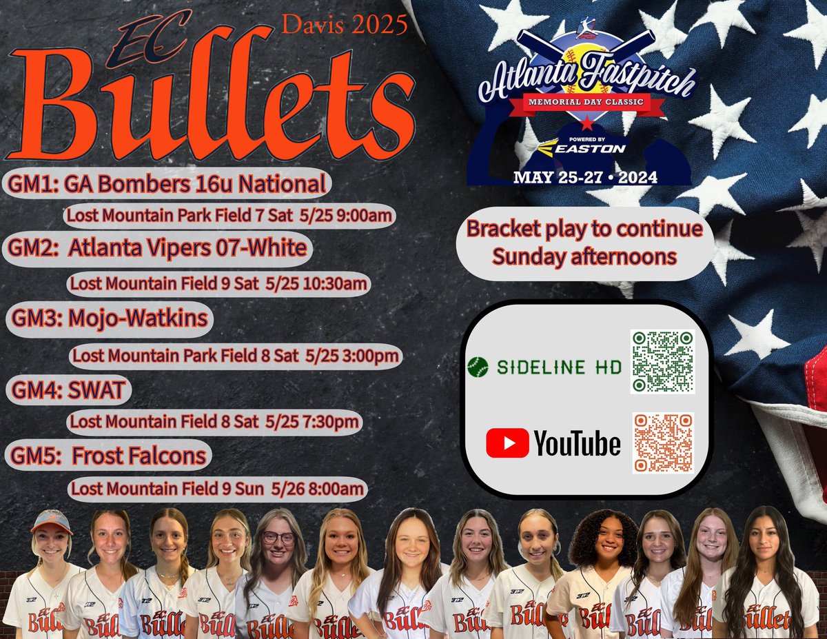 Here we go! Schedule for the PGF Memorial Day Classic. We are happy to be local at Lost Mountain Park this weekend. Come on out and watch these girls ball out! <a href="/EastCobbBullets/">EC Bullets Fastpitch</a> <a href="/SWUSoftball/">SWU Softball</a> <a href="/UNGSoftball/">UNG Softball</a> <a href="/SUHawksSoftball/">Shorter University Softball</a> <a href="/YHC_Softball/">YHC Softball</a> <a href="/TMUSoftball/">TMU Softball</a> @GHC_Softball <a href="/LeeUSoftball/">Lee Univ Softball</a>