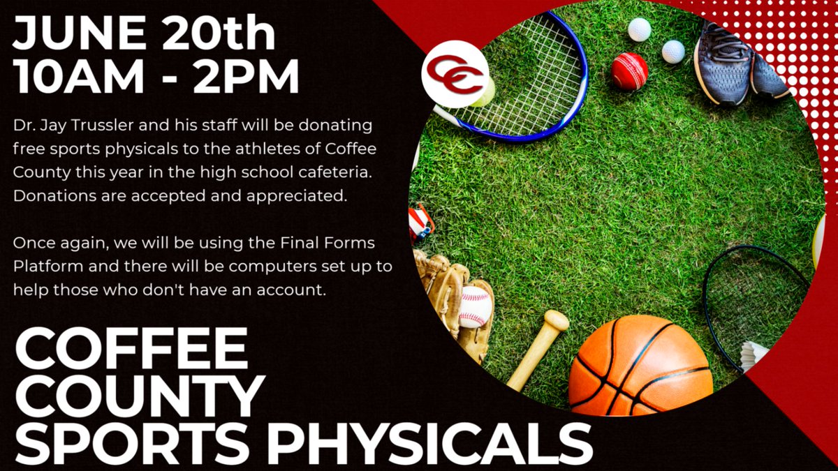 ATTENTION PLEASE!  Once again, Dr. Trussler will be supporting our CC Athletes with free physicals.  Please visit Final Forms coffeecounty-tn.finalforms.com/parents/login and have your account ready to go before attending.  #redraidernation