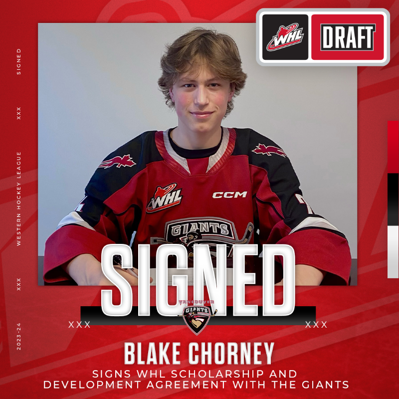 TheWHL's tweet photo. The @WHLGiants have signed Blake Chorney to a WHL Scholarship and Development Agreement.

The 15-year-old forward was the 10th overall selection at the 2024 WHL Prospects Draft.

#NHLDraft