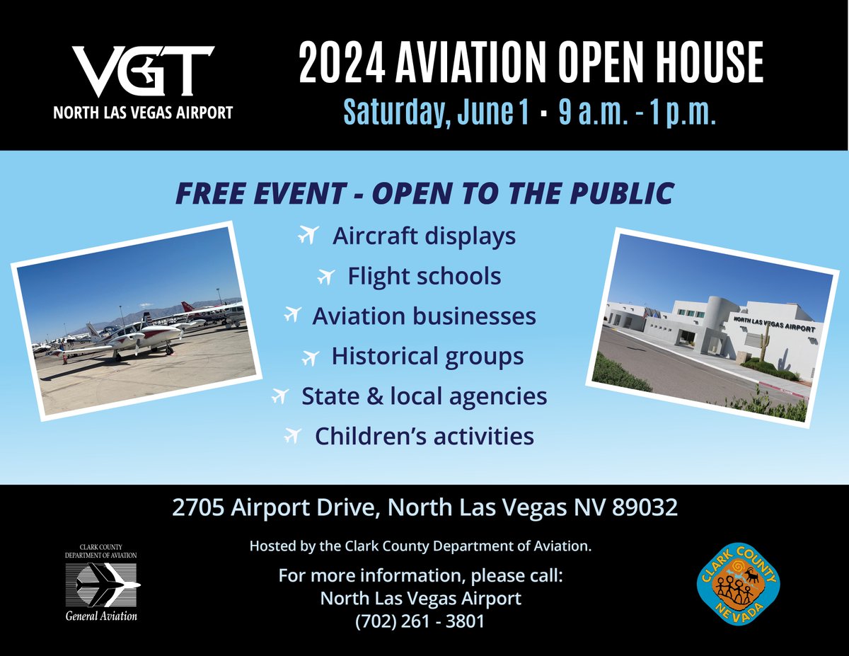 Attention aviation enthusiasts! 🛩️ North Las Vegas Airport (VGT) is hosting an open house and the community is invited! 🗓️ Saturday, June 1 🕐 9 a.m. — 1 p.m 🎟️ FREE
