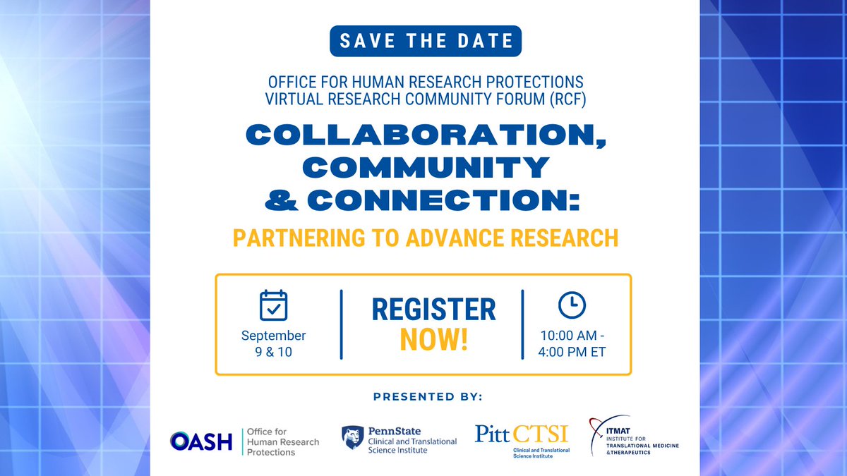 Clinical and Translational Science Institute (@pennstatectsi) on Twitter photo 📅Join <a href="/PittCTSI/">Clinical & Translational Science Institute</a>, <a href="/PennStateCTSI/">Clinical and Translational Science Institute</a>, and <a href="/ITMATbioinf/">ITMATbioinf</a> for a virtual Research Community Forum Sept. 9-10. Topics include implementation science, accessibility, AI, synthetic datasets, ethics, and human-centered design. <a href="/HHS_ORI/">Research Integrity</a> will discuss research integrity. bit.ly/3wNY5rL 📅Join <a href="/PittCTSI/">Clinical & Translational Science Institute</a>, <a href="/PennStateCTSI/">Clinical and Translational Science Institute</a>, and <a href="/ITMATbioinf/">ITMATbioinf</a> for a virtual Research Community Forum Sept. 9-10. Topics include implementation science, accessibility, AI, synthetic datasets, ethics, and human-centered design. <a href="/HHS_ORI/">Research Integrity</a> will discuss research integrity. bit.ly/3wNY5rL