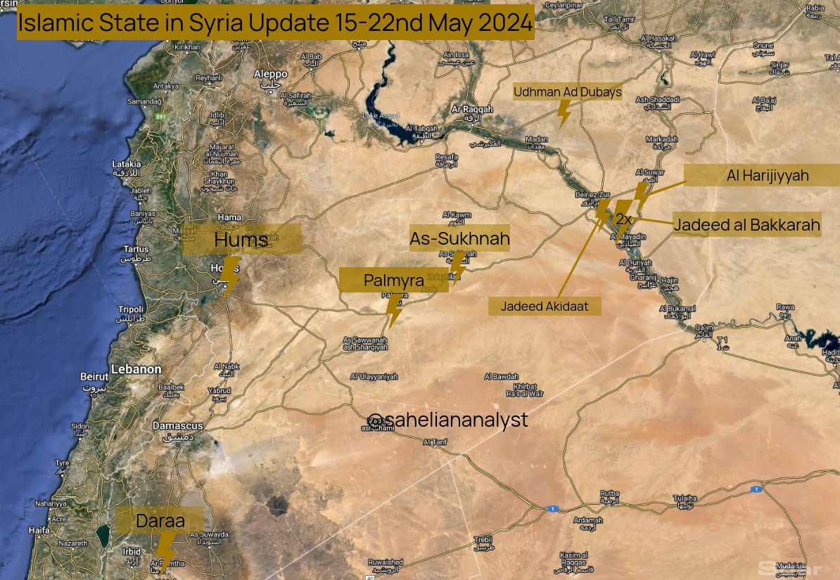 🔦🇸🇾🏴 — Actualización del Estado Islámico en Siria del 15 al 22 de mayo de 2024 d.C. En medio de la creciente intensidad y número de ataques, he decidido comenzar a mapear Siria también, los ataques apuntaron a varias facciones en el ámbito sirio, como las SDF/PKK respaldadas